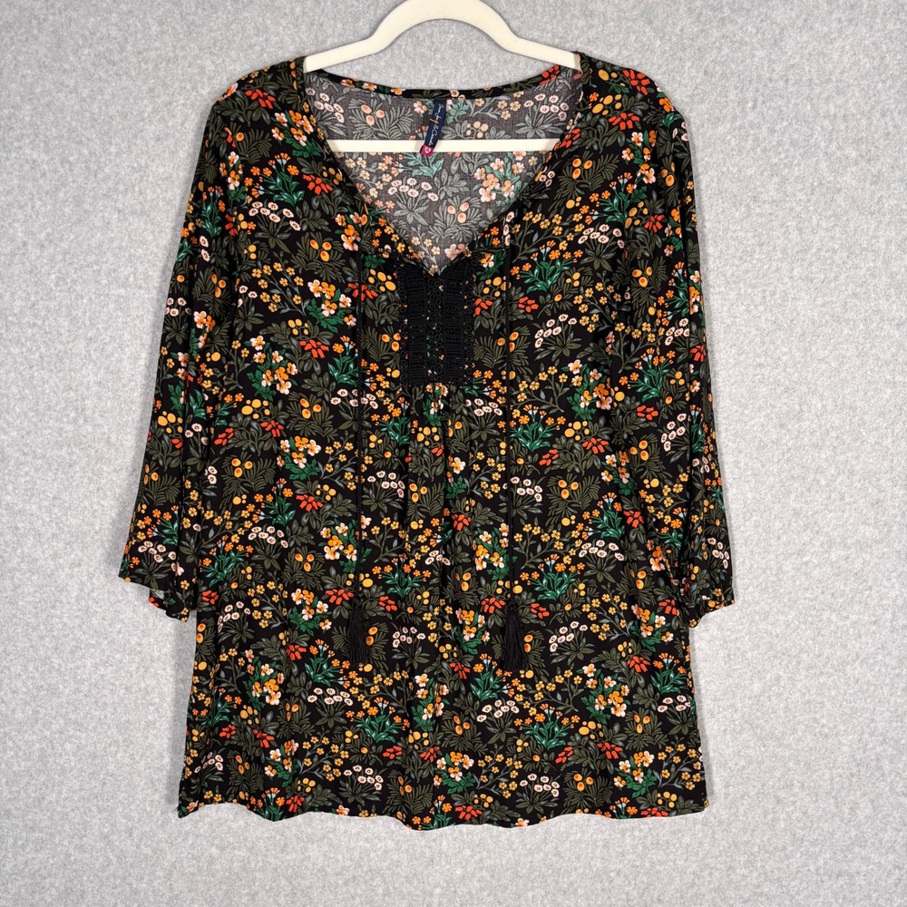 Crochet Peasant Blouse XXL Black Green Floral Boho Dark Romantic Cottage